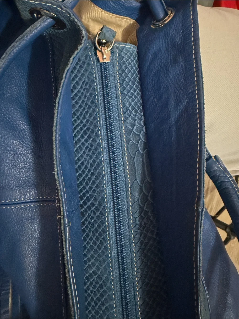 Women's Blue Leather Tote Bag with Textured Trim